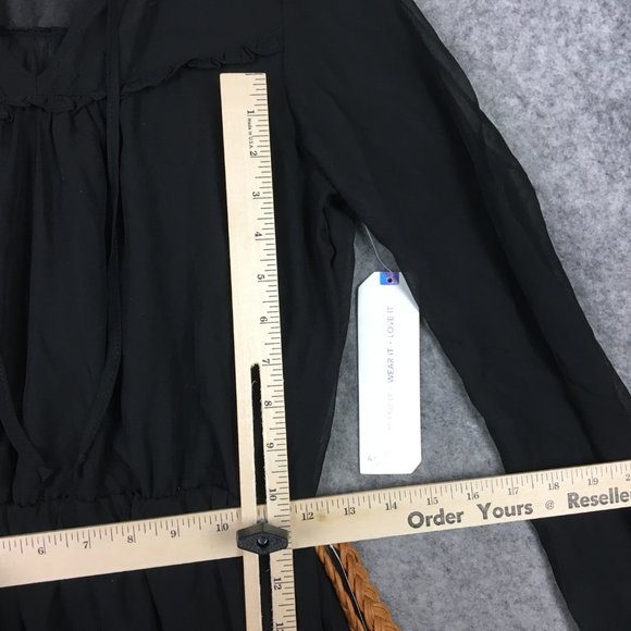 Almost Famous Dress S Long Sleeve Black Chiffon Belted A Line V Neck Casual - Picture 12 of 16